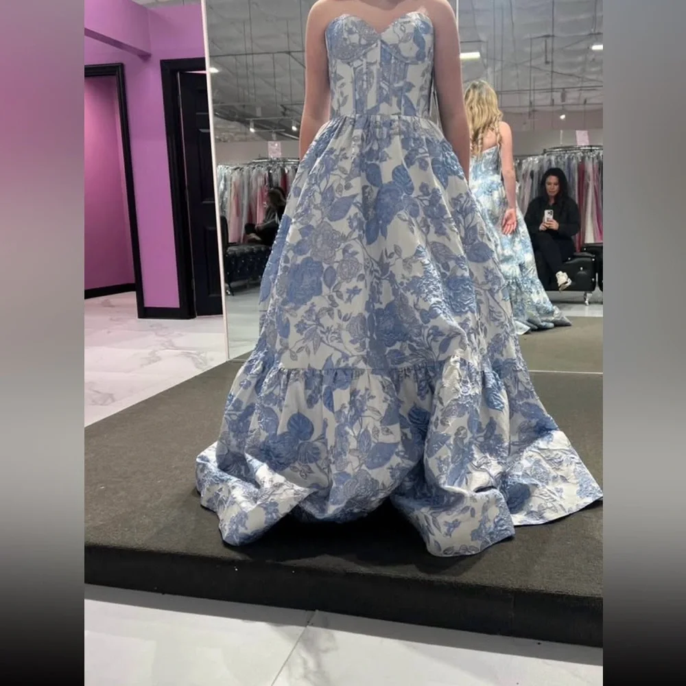 Sherri Hill Blue and White Floral Prom Dress - Picture 2 of 3